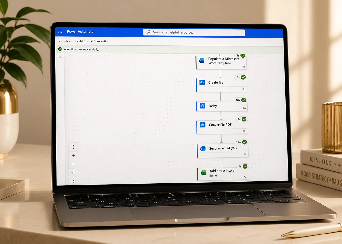 Successful Power Automate certificate workflow with green check confirmations