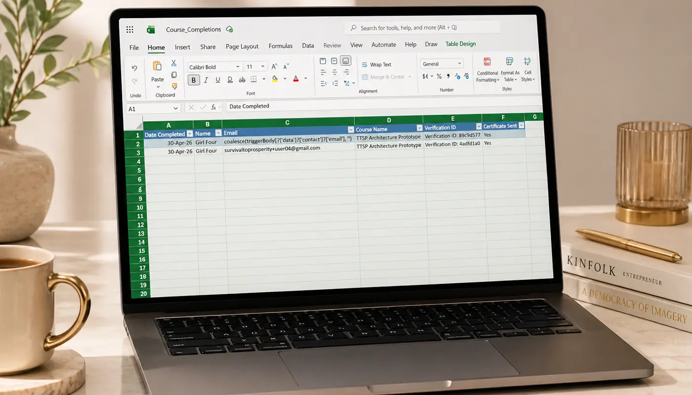 Excel course completion log automatically updated by the certification workflow
