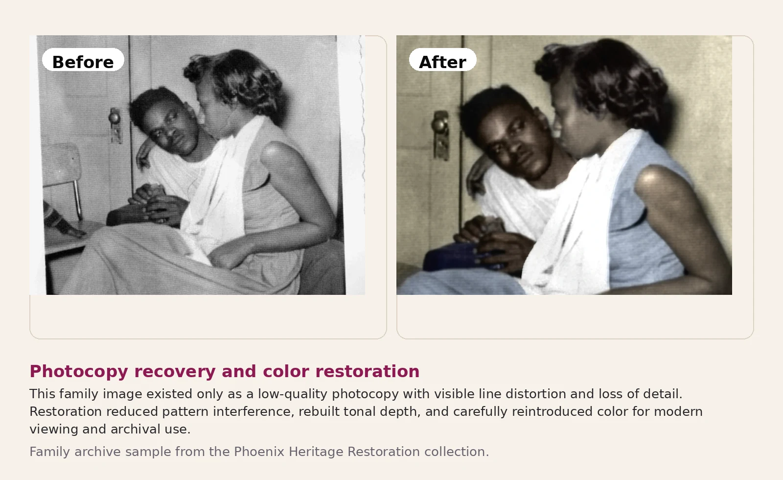 Before and after example of family photocopy recovery and color restoration