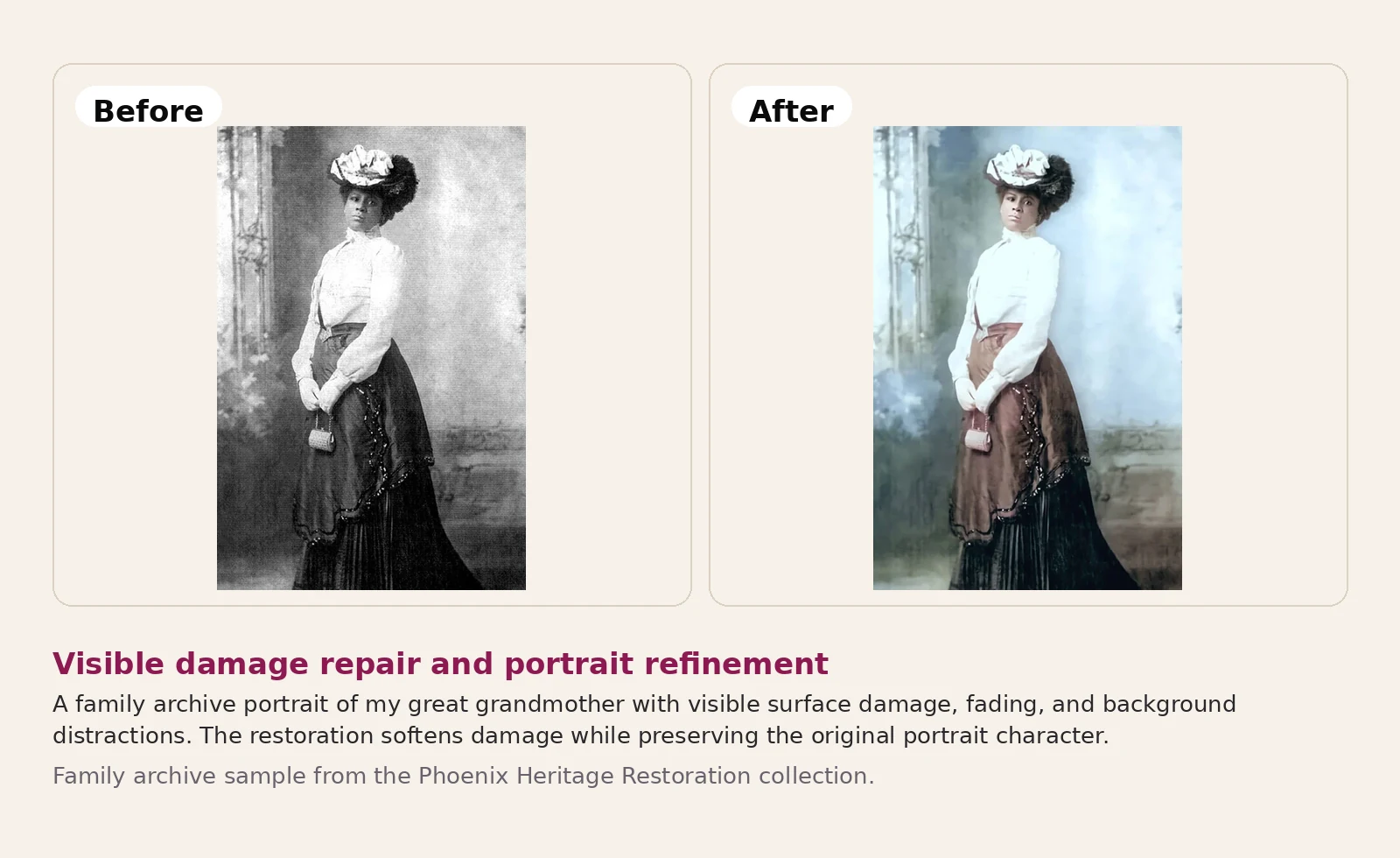 Before and after example of damaged portrait repair for family archive image