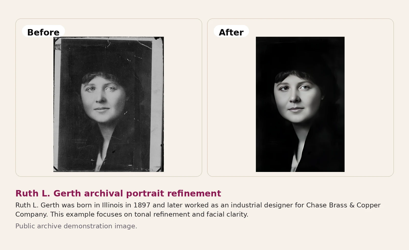 Before and after example of Ruth L. Gerth archival portrait restoration