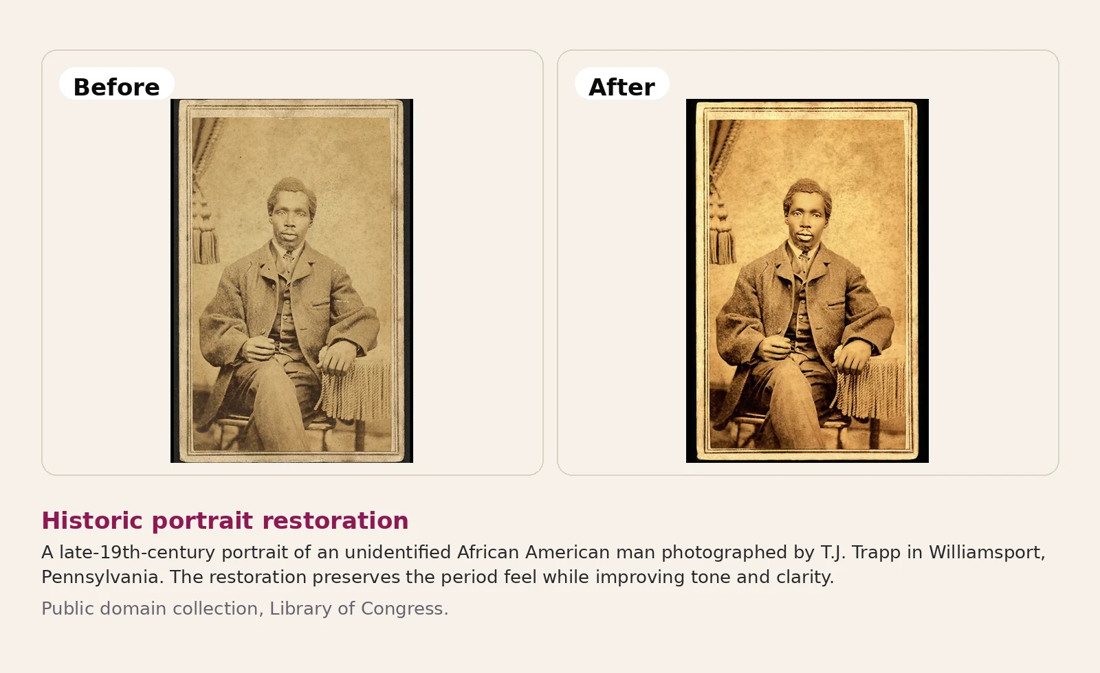 Before and after example of late 19th century seated portrait restoration